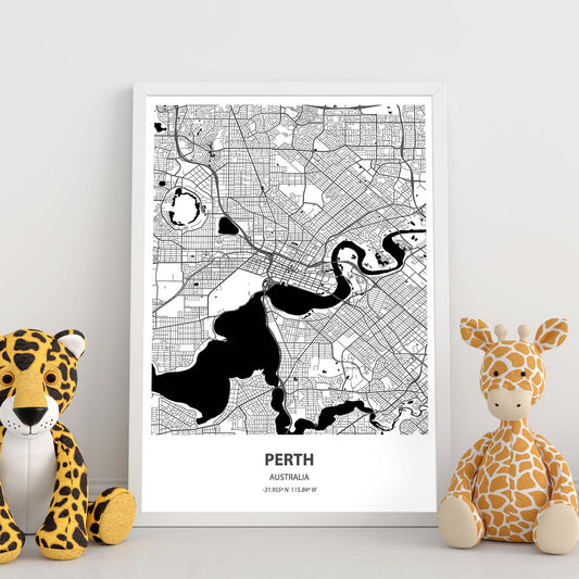 Poster con mapa de Perth - Australia. Láminas de ciudades de Australia con mares y ríos en color negro.-Artwork-Nacnic-Nacnic Estudio SL