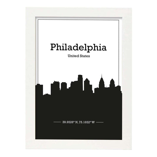 Poster con mapa de Philadelphia - USA. Láminas con Skyline de ciudades de Estados Unidos, Canada, Mexico con sombra negra.-Artwork-Nacnic-A4-Marco Blanco-Nacnic Estudio SL