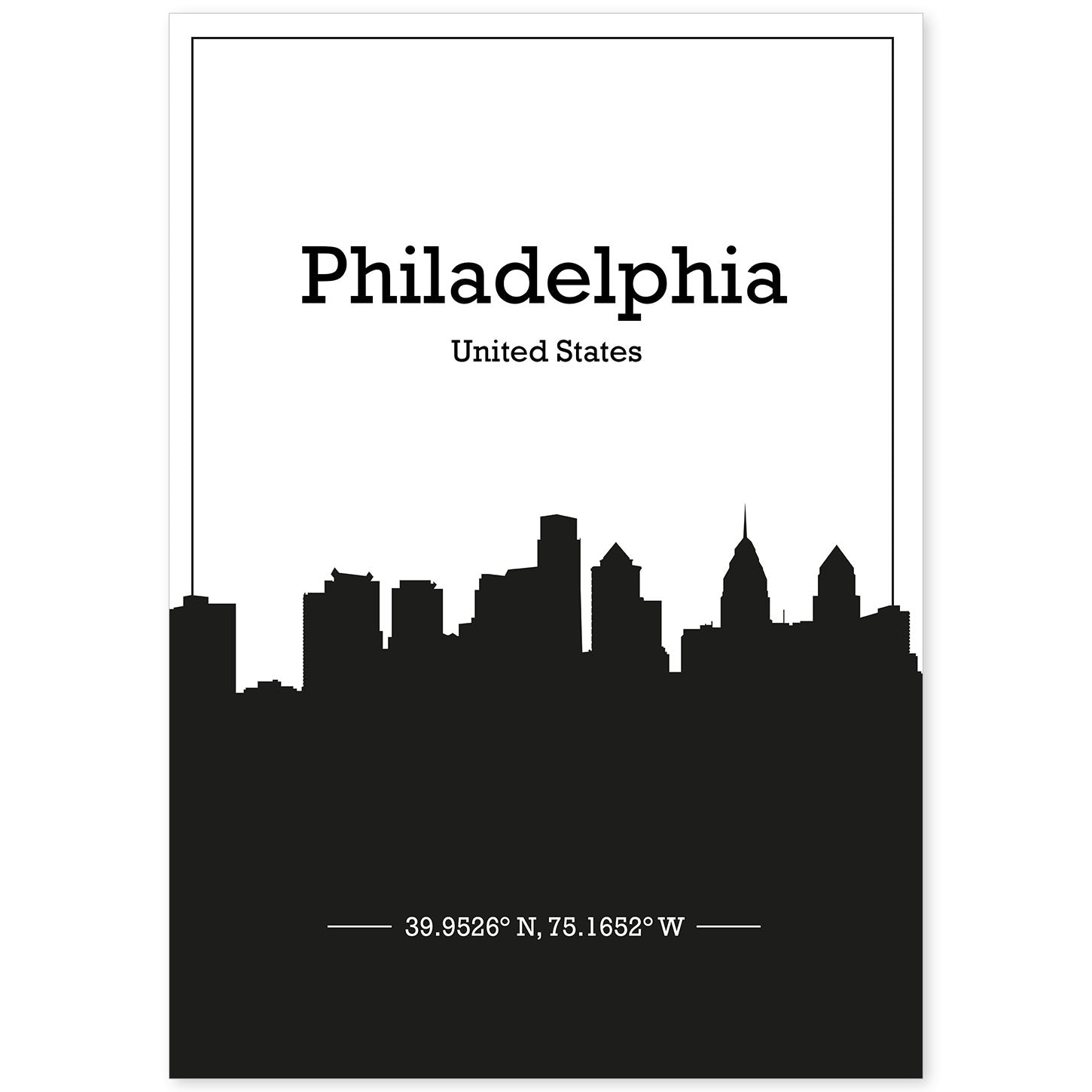 Poster con mapa de Philadelphia - USA. Láminas con Skyline de ciudades de Estados Unidos, Canada, Mexico con sombra negra.-Artwork-Nacnic-A4-Sin marco-Nacnic Estudio SL