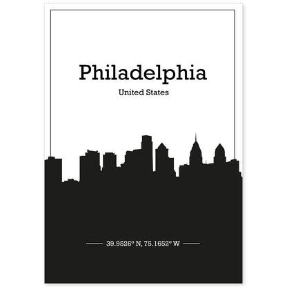 Poster con mapa de Philadelphia - USA. Láminas con Skyline de ciudades de Estados Unidos, Canada, Mexico con sombra negra.-Artwork-Nacnic-A4-Sin marco-Nacnic Estudio SL