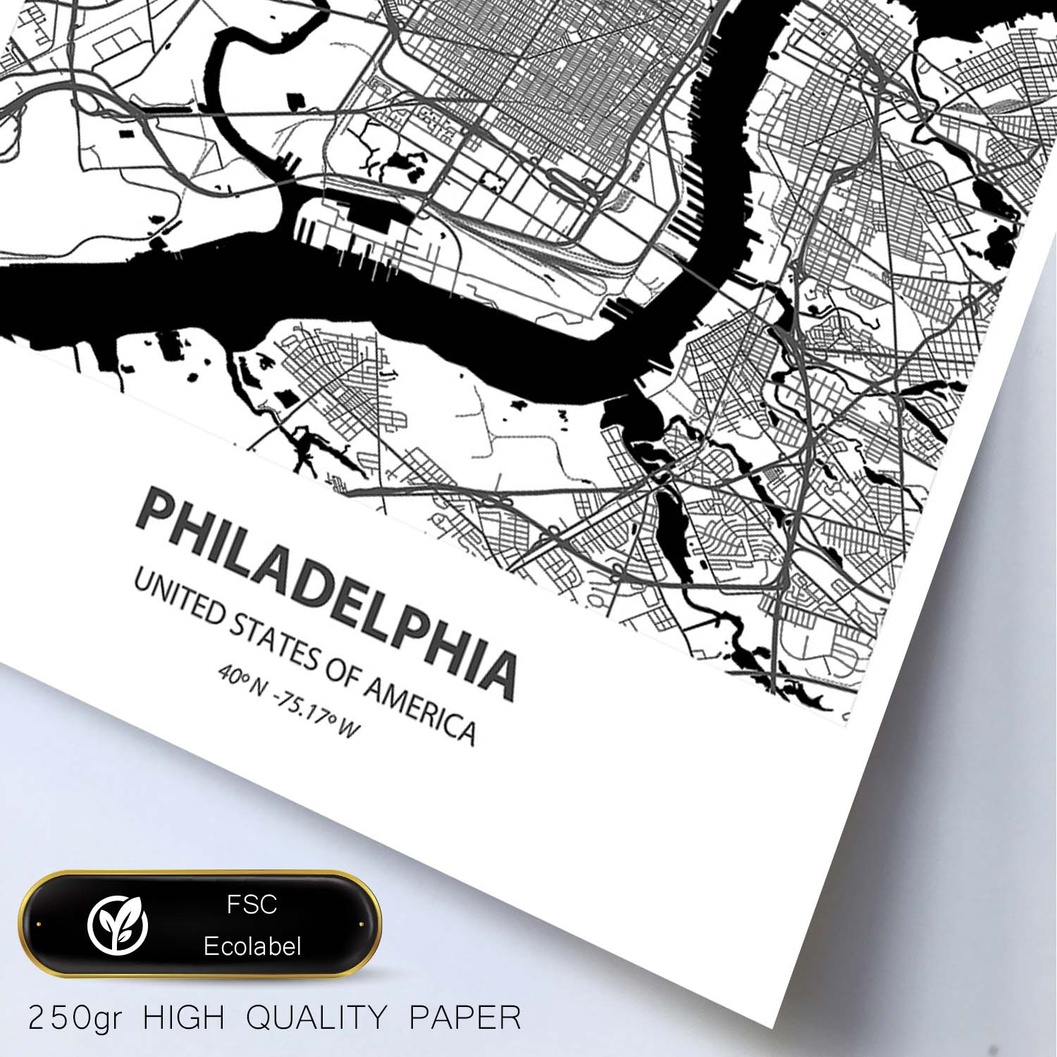 Poster con mapa de Philadelphia - USA. Láminas de ciudades de Estados Unidos con mares y ríos en color negro.-Artwork-Nacnic-Nacnic Estudio SL
