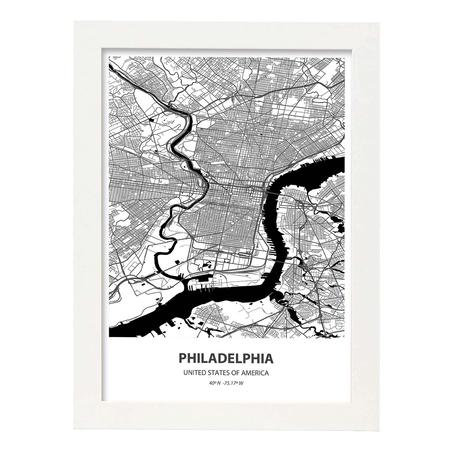 Poster con mapa de Philadelphia - USA. Láminas de ciudades de Estados Unidos con mares y ríos en color negro.-Artwork-Nacnic-A3-Marco Blanco-Nacnic Estudio SL