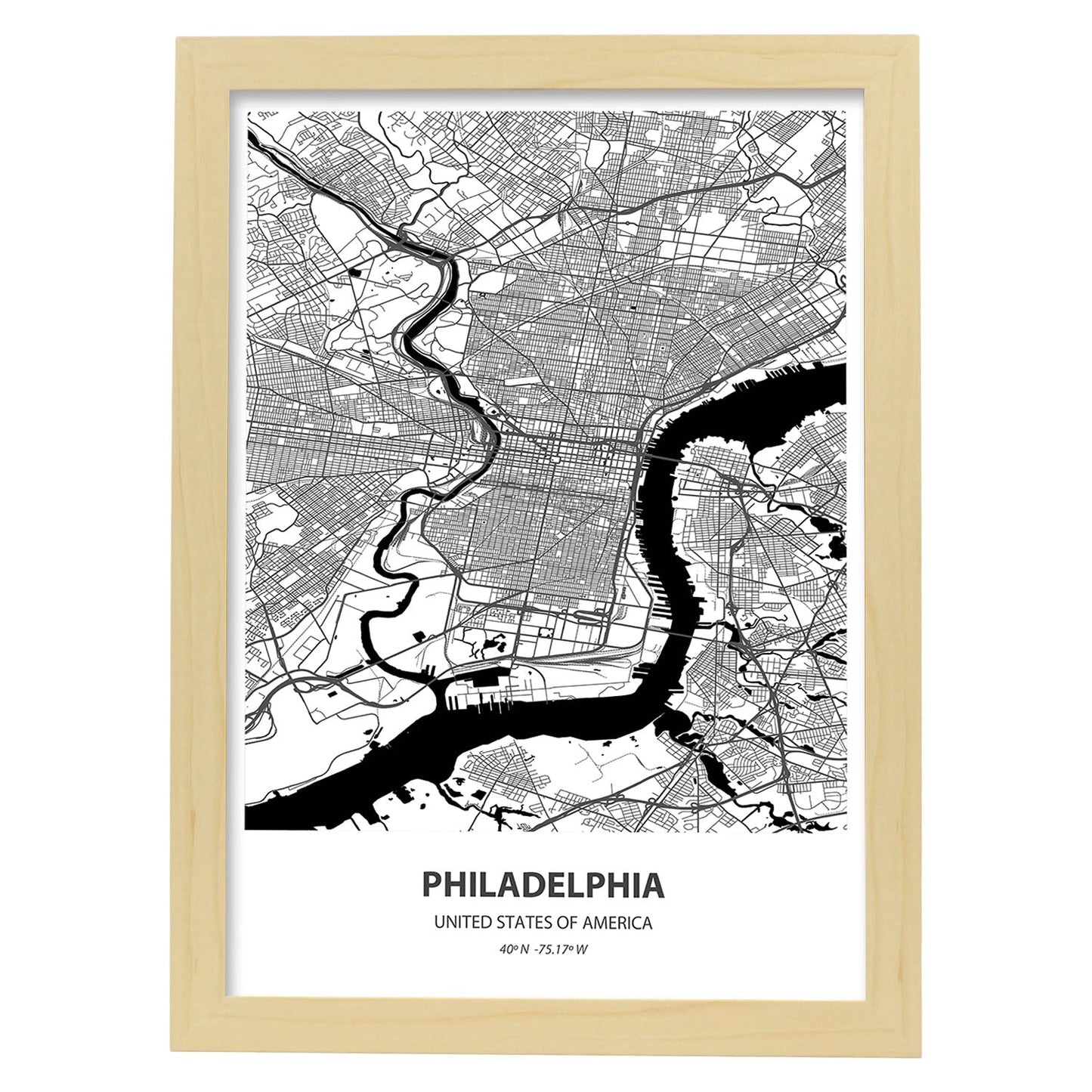 Poster con mapa de Philadelphia - USA. Láminas de ciudades de Estados Unidos con mares y ríos en color negro.-Artwork-Nacnic-A3-Marco Madera clara-Nacnic Estudio SL