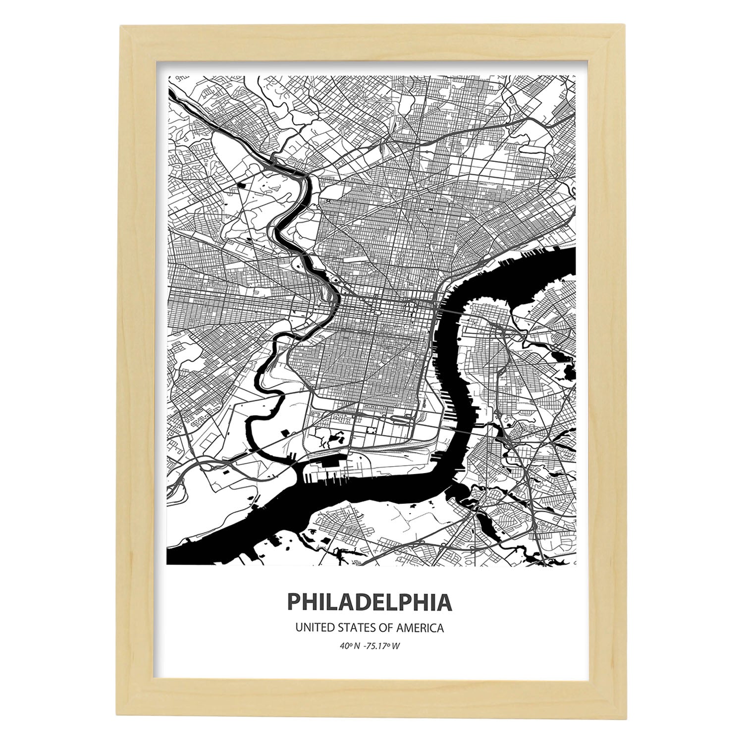 Poster con mapa de Philadelphia - USA. Láminas de ciudades de Estados Unidos con mares y ríos en color negro.-Artwork-Nacnic-A3-Marco Madera clara-Nacnic Estudio SL