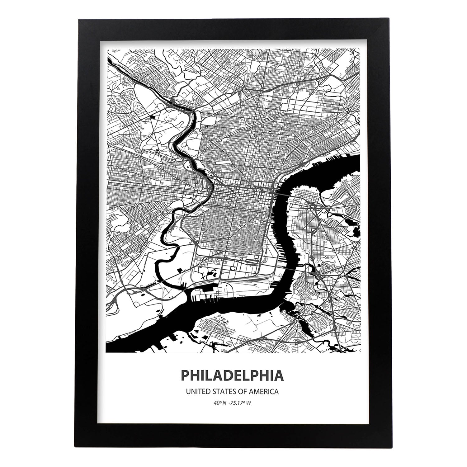 Poster con mapa de Philadelphia - USA. Láminas de ciudades de Estados Unidos con mares y ríos en color negro.-Artwork-Nacnic-A3-Marco Negro-Nacnic Estudio SL