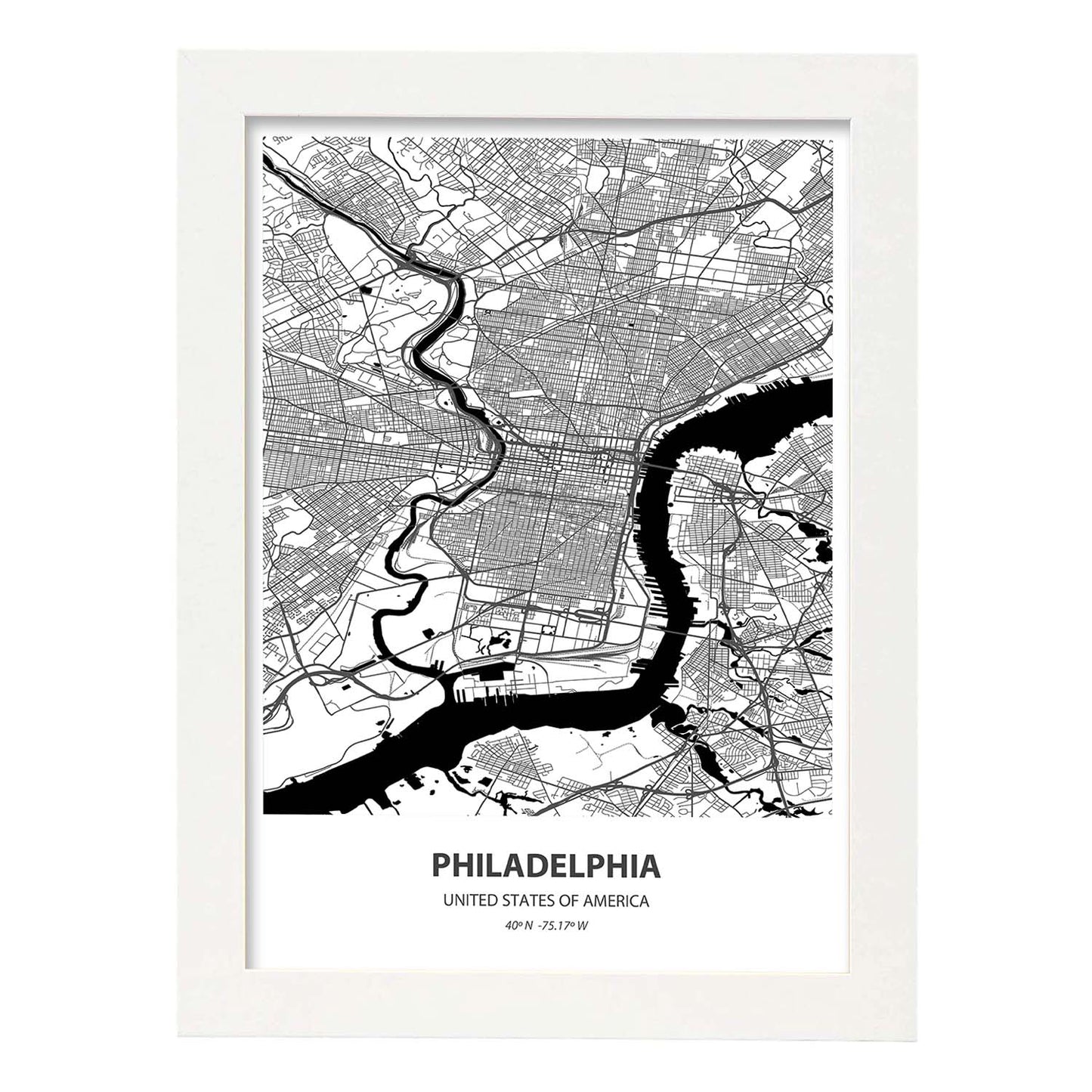 Poster con mapa de Philadelphia - USA. Láminas de ciudades de Estados Unidos con mares y ríos en color negro.-Artwork-Nacnic-A4-Marco Blanco-Nacnic Estudio SL