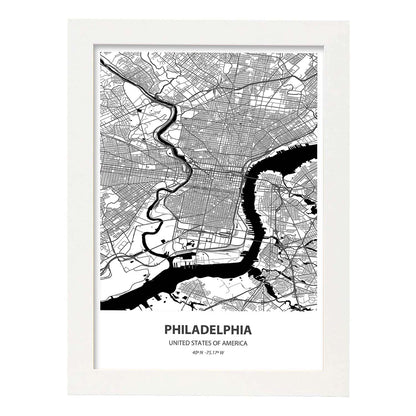 Poster con mapa de Philadelphia - USA. Láminas de ciudades de Estados Unidos con mares y ríos en color negro.-Artwork-Nacnic-A4-Marco Blanco-Nacnic Estudio SL