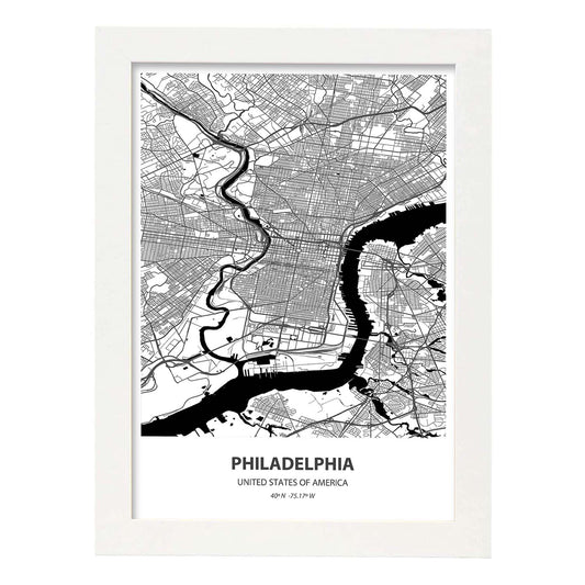 Poster con mapa de Philadelphia - USA. Láminas de ciudades de Estados Unidos con mares y ríos en color negro.-Artwork-Nacnic-A4-Marco Blanco-Nacnic Estudio SL