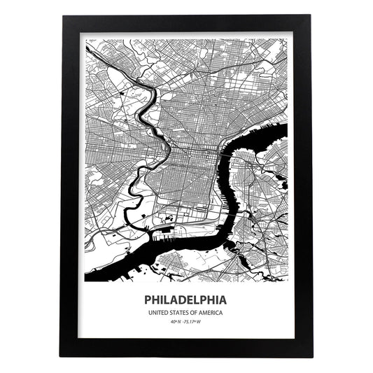 Poster con mapa de Philadelphia - USA. Láminas de ciudades de Estados Unidos con mares y ríos en color negro.-Artwork-Nacnic-A4-Marco Negro-Nacnic Estudio SL