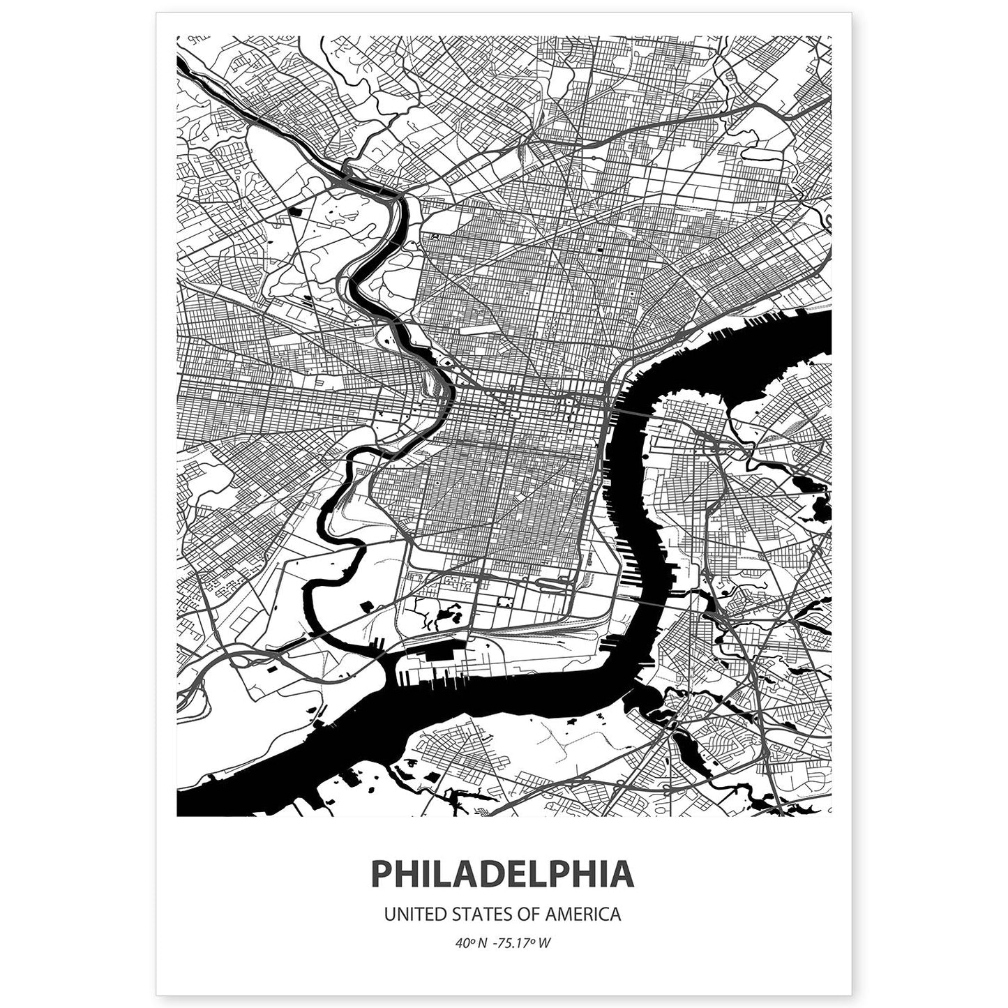 Poster con mapa de Philadelphia - USA. Láminas de ciudades de Estados Unidos con mares y ríos en color negro.-Artwork-Nacnic-A4-Sin marco-Nacnic Estudio SL