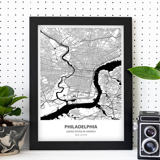 Poster con mapa de Philadelphia - USA. Láminas de ciudades de Estados Unidos con mares y ríos en color negro.-Artwork-Nacnic-Nacnic Estudio SL