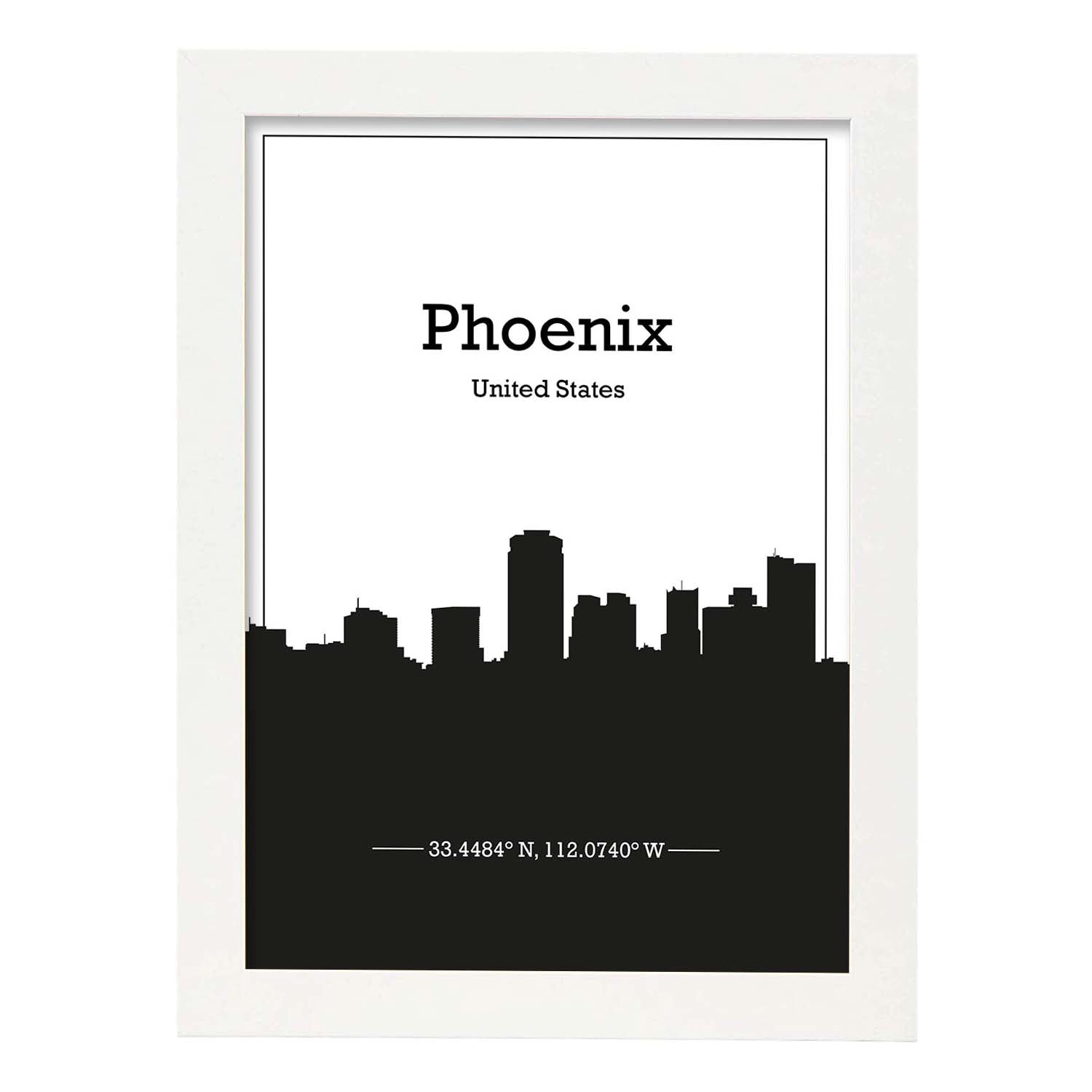 Poster con mapa de Phoenix - USA. Láminas con Skyline de ciudades de Estados Unidos, Canada, Mexico con sombra negra.-Artwork-Nacnic-A3-Marco Blanco-Nacnic Estudio SL