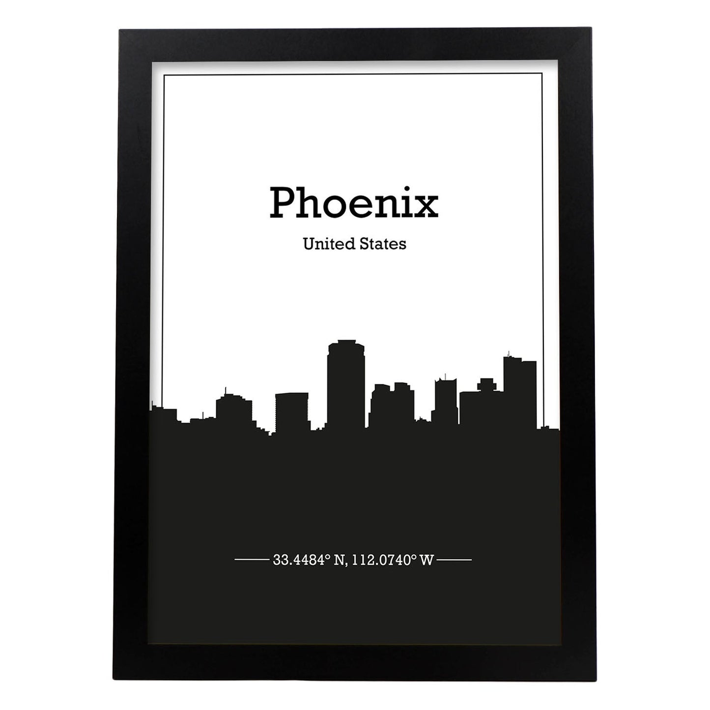 Poster con mapa de Phoenix - USA. Láminas con Skyline de ciudades de Estados Unidos, Canada, Mexico con sombra negra.-Artwork-Nacnic-A3-Marco Negro-Nacnic Estudio SL