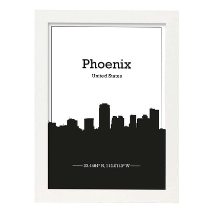 Poster con mapa de Phoenix - USA. Láminas con Skyline de ciudades de Estados Unidos, Canada, Mexico con sombra negra.-Artwork-Nacnic-A4-Marco Blanco-Nacnic Estudio SL