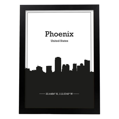 Poster con mapa de Phoenix - USA. Láminas con Skyline de ciudades de Estados Unidos, Canada, Mexico con sombra negra.-Artwork-Nacnic-A4-Marco Negro-Nacnic Estudio SL