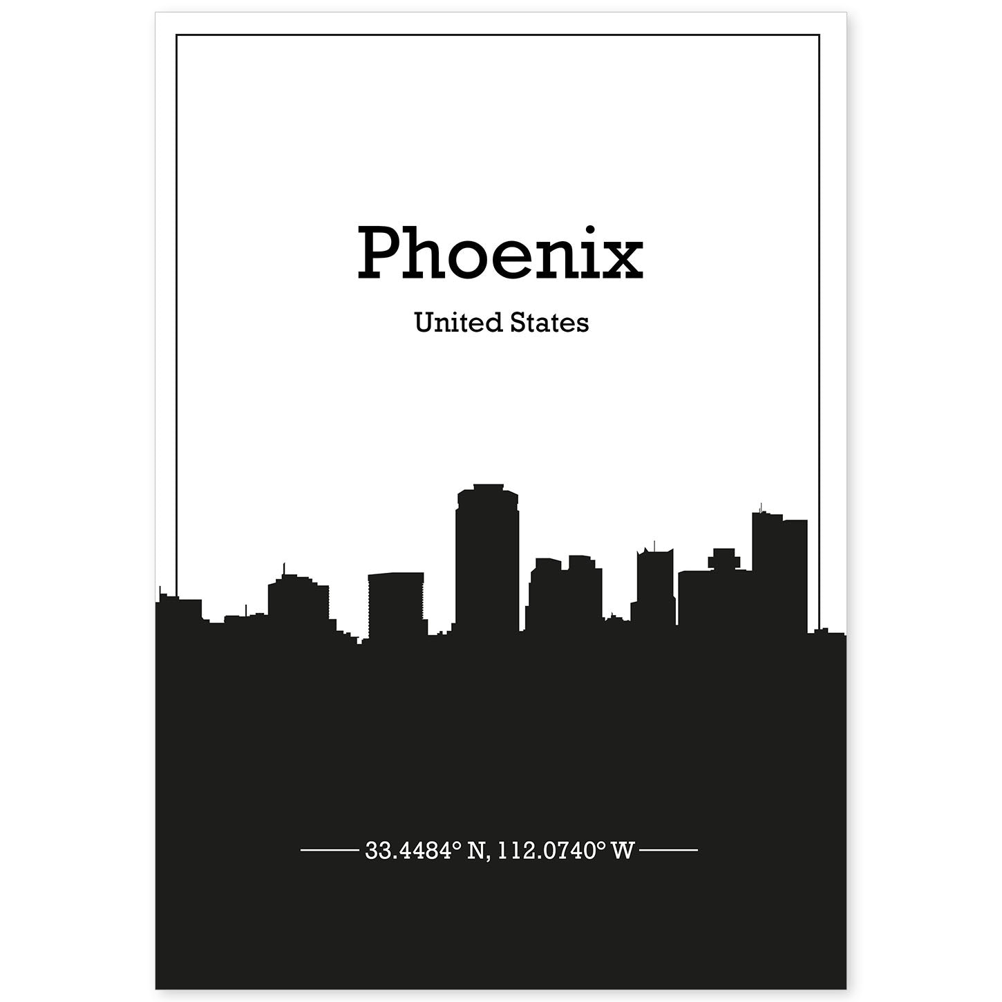 Poster con mapa de Phoenix - USA. Láminas con Skyline de ciudades de Estados Unidos, Canada, Mexico con sombra negra.-Artwork-Nacnic-A4-Sin marco-Nacnic Estudio SL
