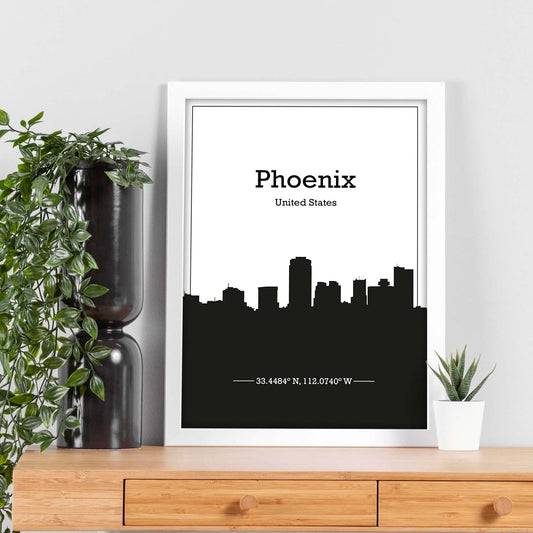 Poster con mapa de Phoenix - USA. Láminas con Skyline de ciudades de Estados Unidos, Canada, Mexico con sombra negra.-Artwork-Nacnic-Nacnic Estudio SL