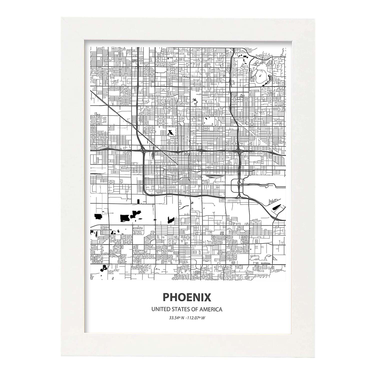 Poster con mapa de Phoenix - USA. Láminas de ciudades de Estados Unidos con mares y ríos en color negro.-Artwork-Nacnic-A3-Marco Blanco-Nacnic Estudio SL