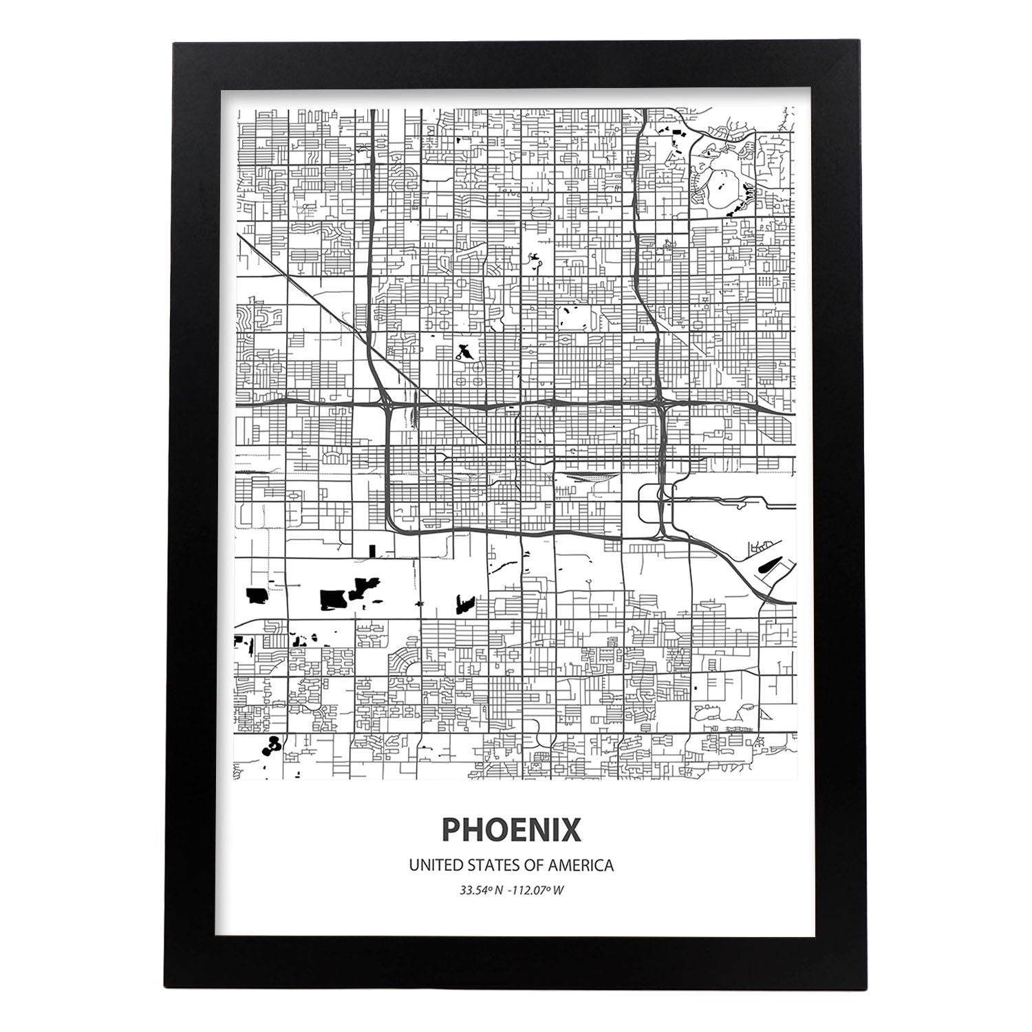 Poster con mapa de Phoenix - USA. Láminas de ciudades de Estados Unidos con mares y ríos en color negro.-Artwork-Nacnic-A3-Marco Negro-Nacnic Estudio SL