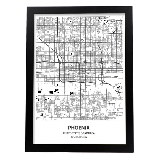 Poster con mapa de Phoenix - USA. Láminas de ciudades de Estados Unidos con mares y ríos en color negro.-Artwork-Nacnic-A4-Marco Negro-Nacnic Estudio SL