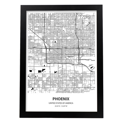 Poster con mapa de Phoenix - USA. Láminas de ciudades de Estados Unidos con mares y ríos en color negro.-Artwork-Nacnic-A4-Marco Negro-Nacnic Estudio SL