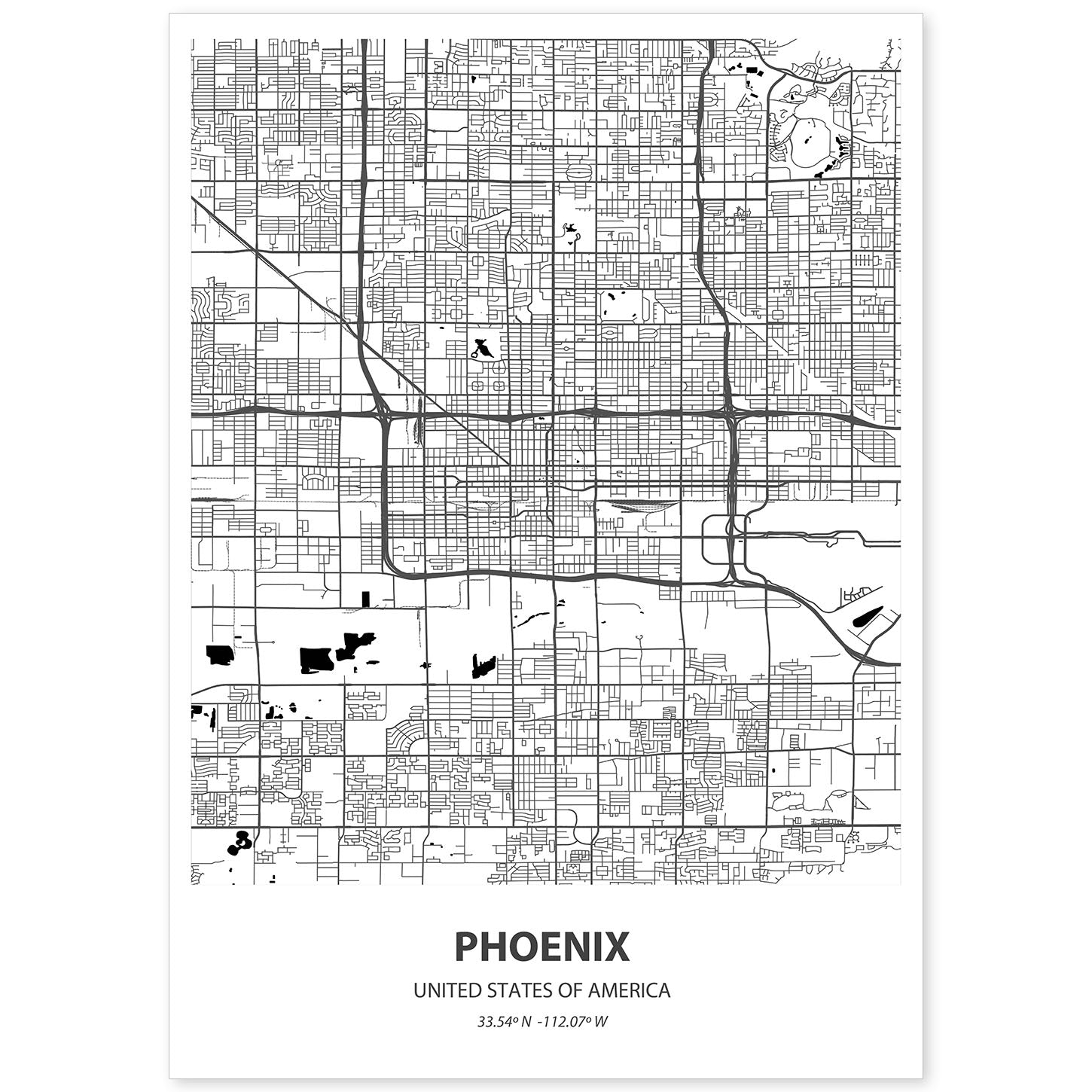 Poster con mapa de Phoenix - USA. Láminas de ciudades de Estados Unidos con mares y ríos en color negro.-Artwork-Nacnic-A4-Sin marco-Nacnic Estudio SL