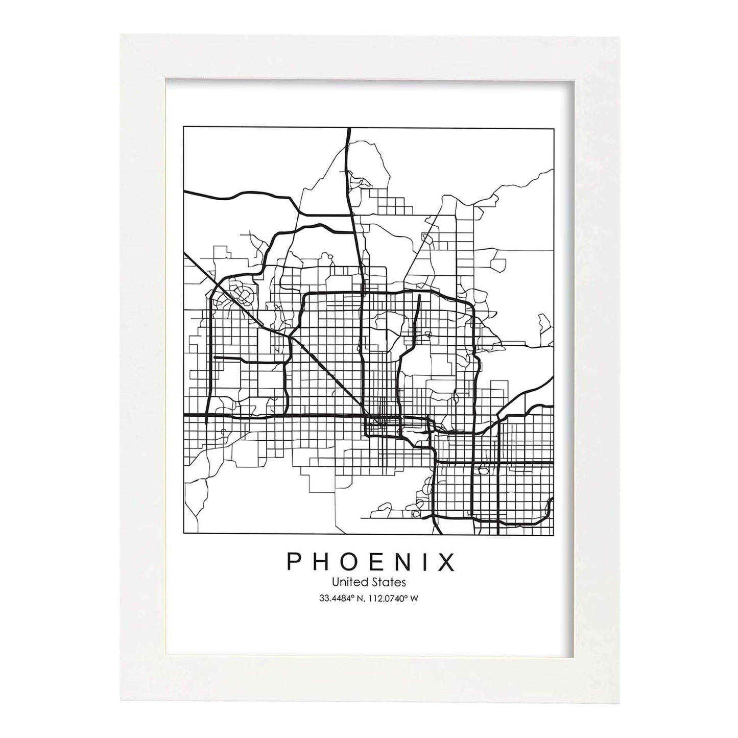 Poster con mapa de Phoenix. Lámina de Estados Unidos, con imágenes de mapas y carreteras-Artwork-Nacnic-A3-Marco Blanco-Nacnic Estudio SL