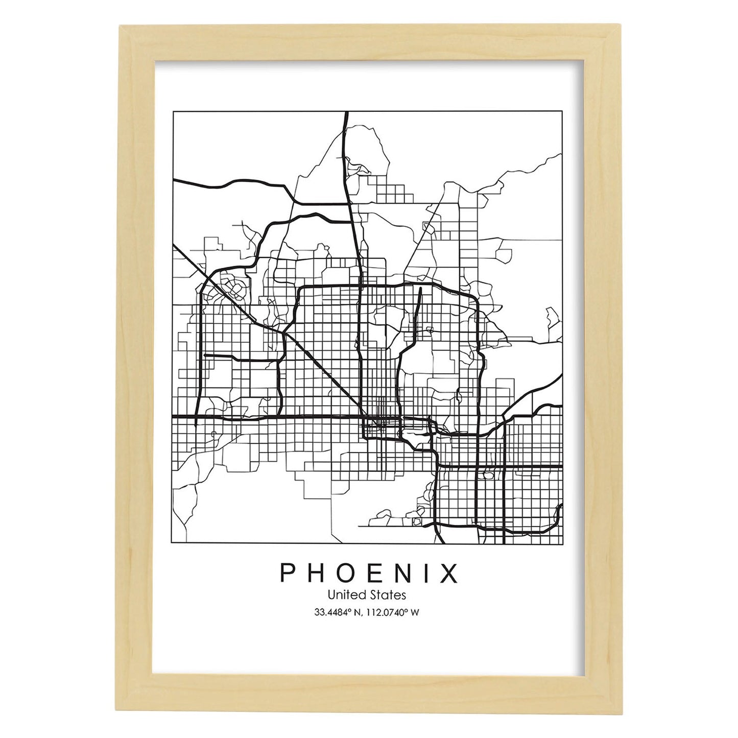 Poster con mapa de Phoenix. Lámina de Estados Unidos, con imágenes de mapas y carreteras-Artwork-Nacnic-A3-Marco Madera clara-Nacnic Estudio SL