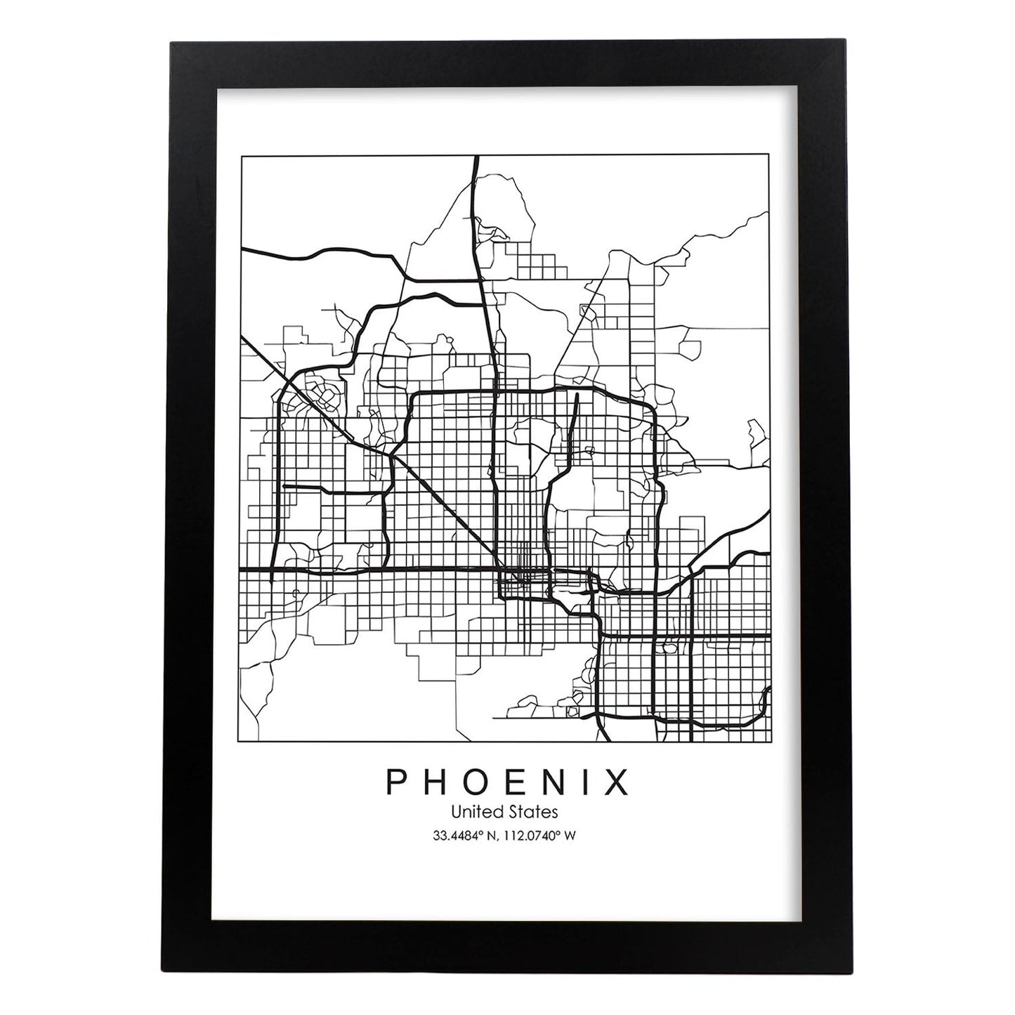 Poster con mapa de Phoenix. Lámina de Estados Unidos, con imágenes de mapas y carreteras-Artwork-Nacnic-A3-Marco Negro-Nacnic Estudio SL