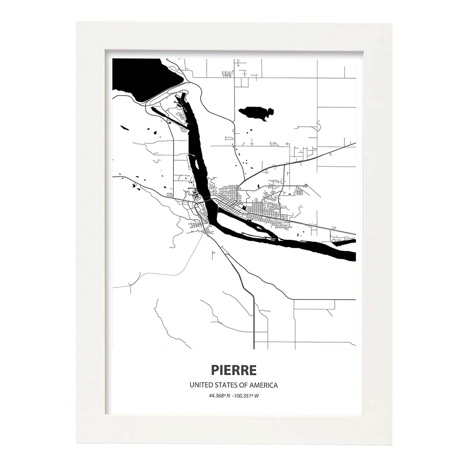 Poster con mapa de Pierre - USA. Láminas de ciudades de Estados Unidos con mares y ríos en color negro.-Artwork-Nacnic-A3-Marco Blanco-Nacnic Estudio SL