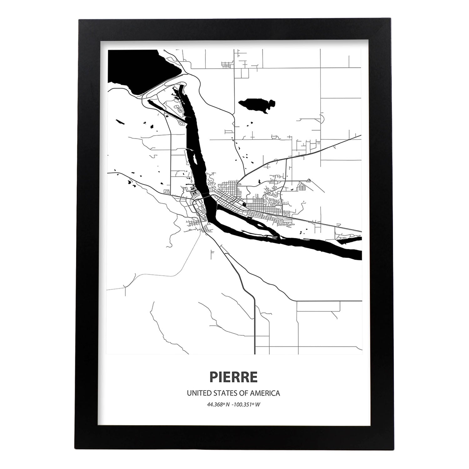 Poster con mapa de Pierre - USA. Láminas de ciudades de Estados Unidos con mares y ríos en color negro.-Artwork-Nacnic-A3-Marco Negro-Nacnic Estudio SL