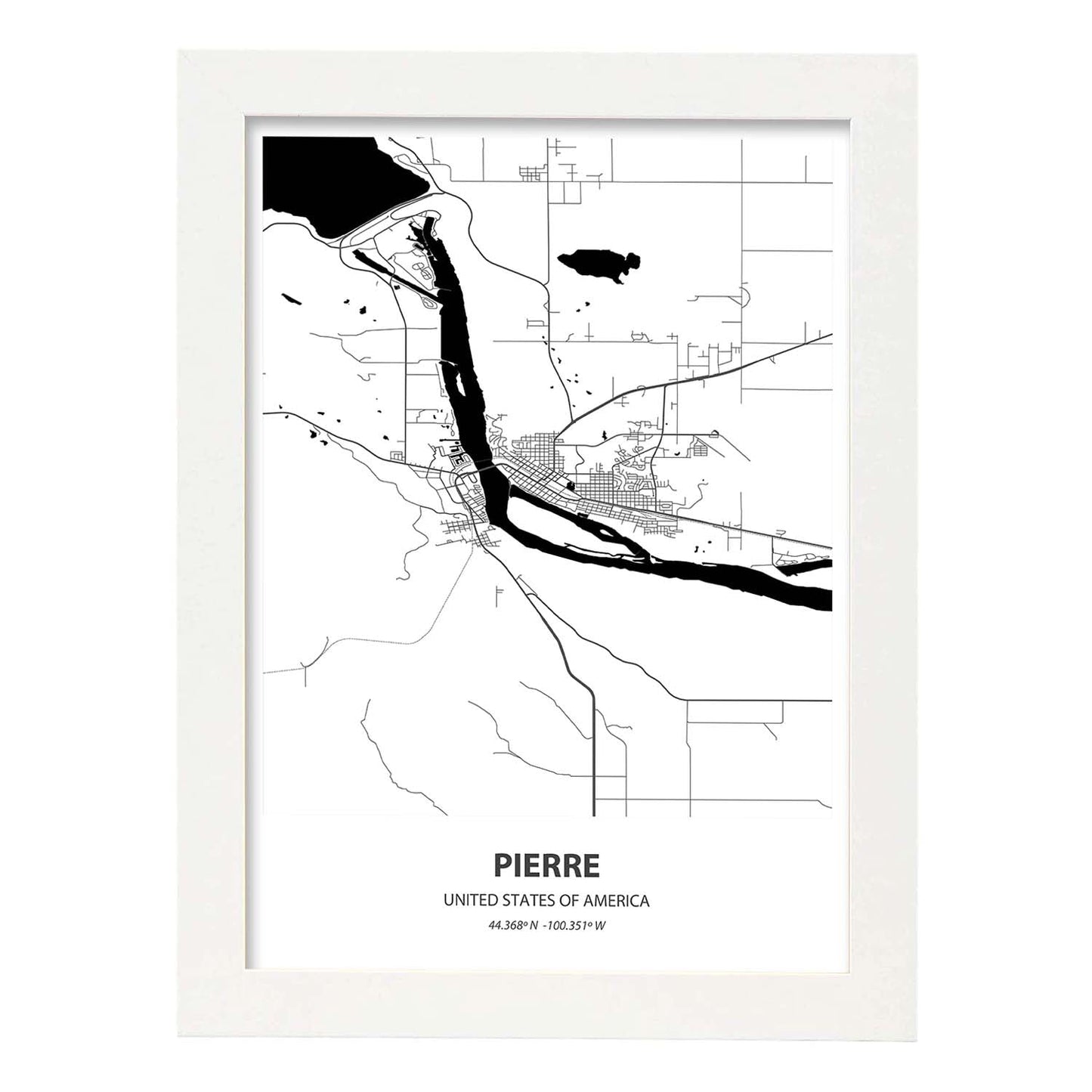 Poster con mapa de Pierre - USA. Láminas de ciudades de Estados Unidos con mares y ríos en color negro.-Artwork-Nacnic-A4-Marco Blanco-Nacnic Estudio SL