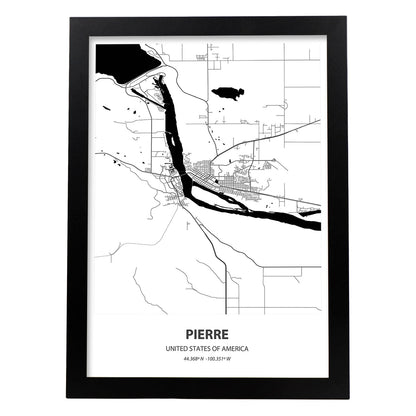 Poster con mapa de Pierre - USA. Láminas de ciudades de Estados Unidos con mares y ríos en color negro.-Artwork-Nacnic-A4-Marco Negro-Nacnic Estudio SL