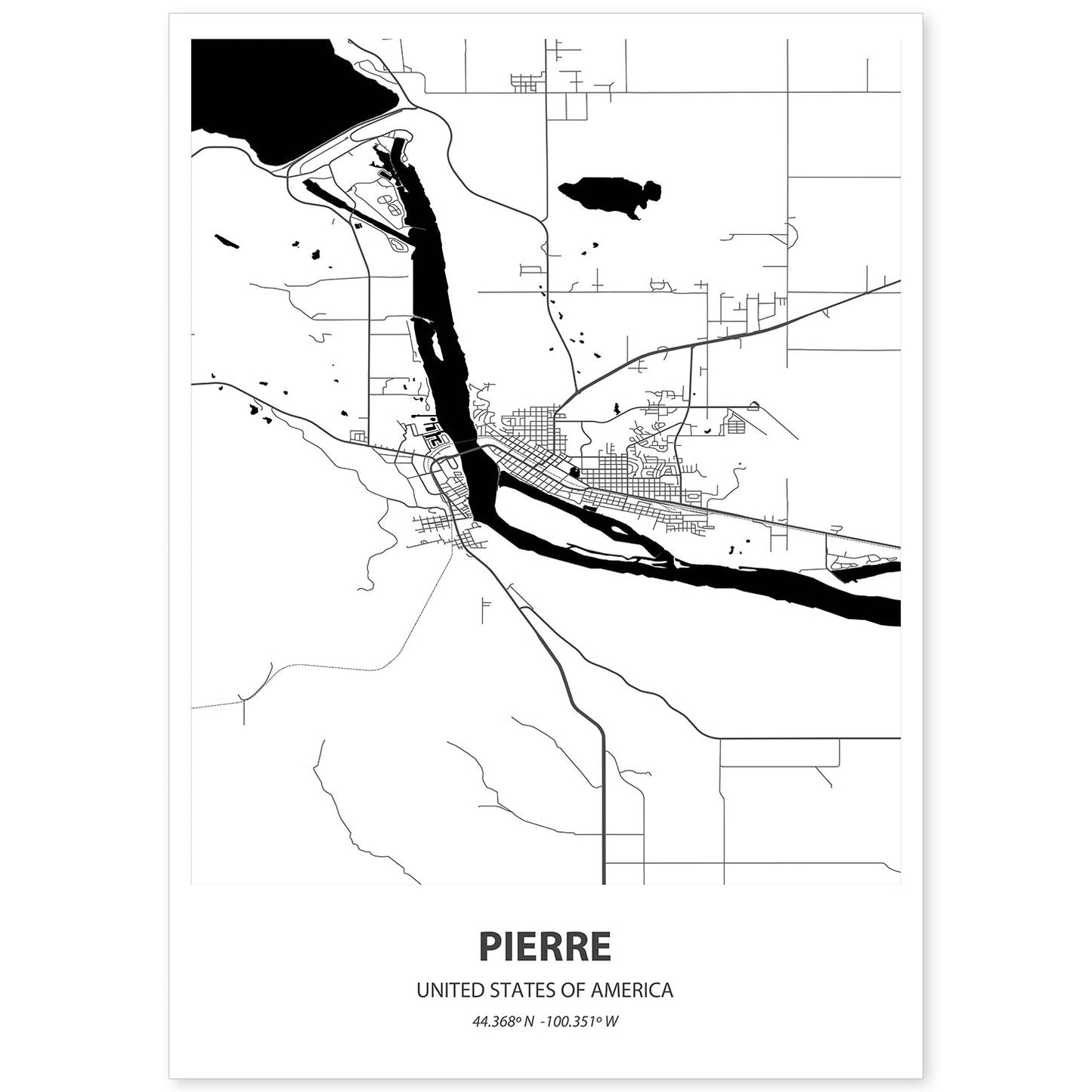 Poster con mapa de Pierre - USA. Láminas de ciudades de Estados Unidos con mares y ríos en color negro.-Artwork-Nacnic-A4-Sin marco-Nacnic Estudio SL