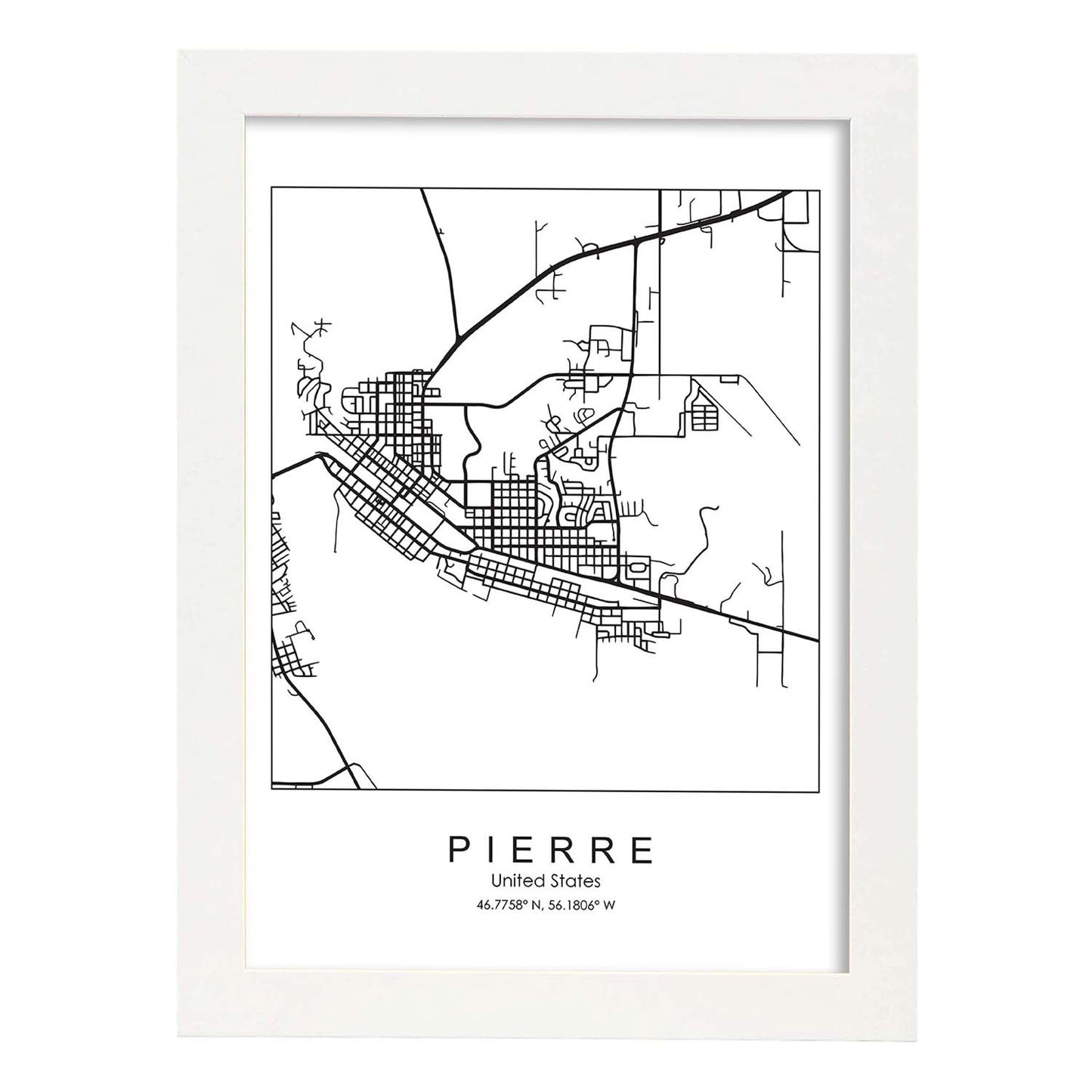 Poster con mapa de Pierre. Lámina de Estados Unidos, con imágenes de mapas y carreteras-Artwork-Nacnic-A3-Marco Blanco-Nacnic Estudio SL
