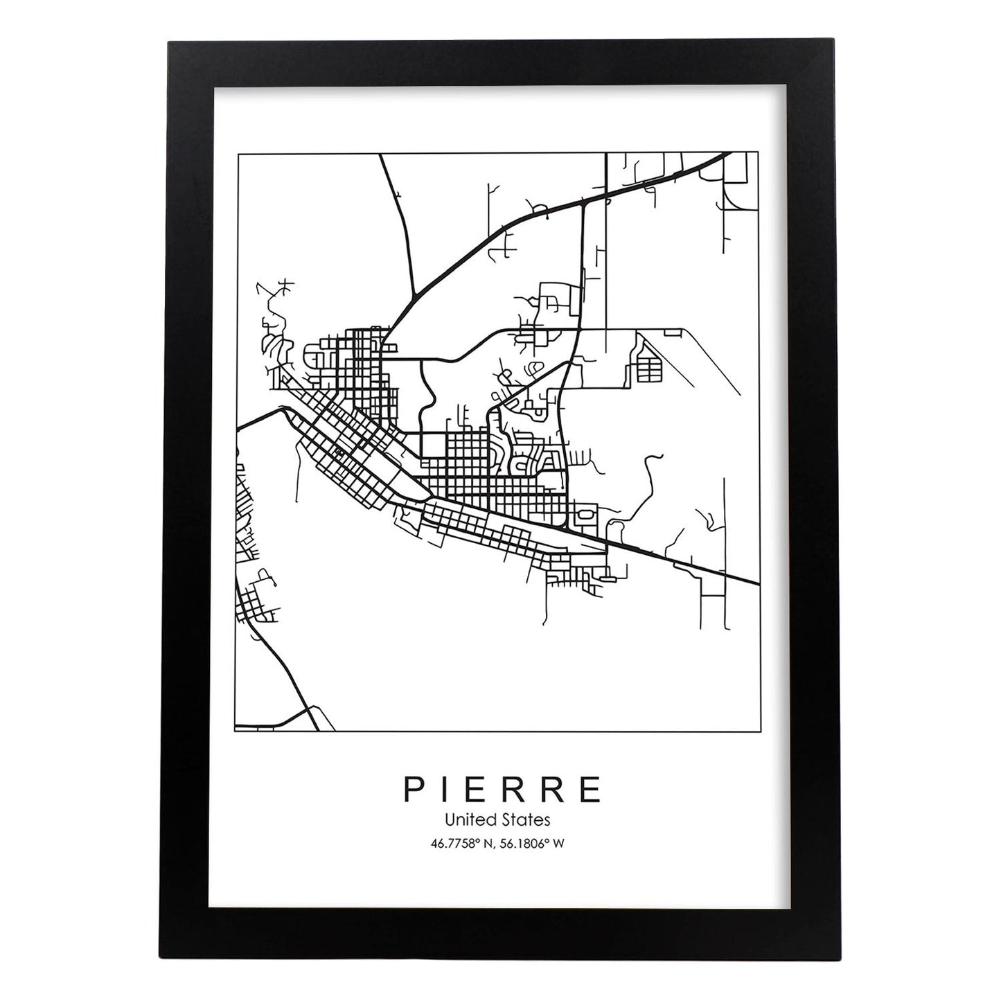Poster con mapa de Pierre. Lámina de Estados Unidos, con imágenes de mapas y carreteras-Artwork-Nacnic-A3-Marco Negro-Nacnic Estudio SL