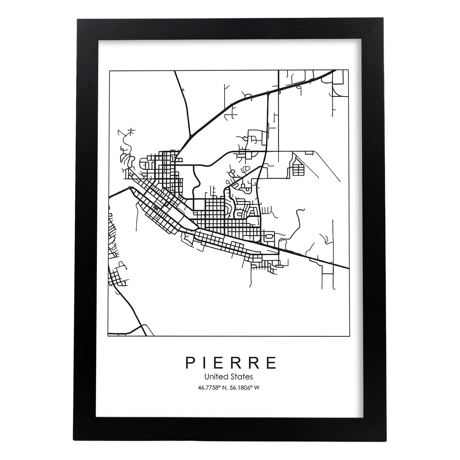 Poster con mapa de Pierre. Lámina de Estados Unidos, con imágenes de mapas y carreteras-Artwork-Nacnic-A4-Marco Negro-Nacnic Estudio SL