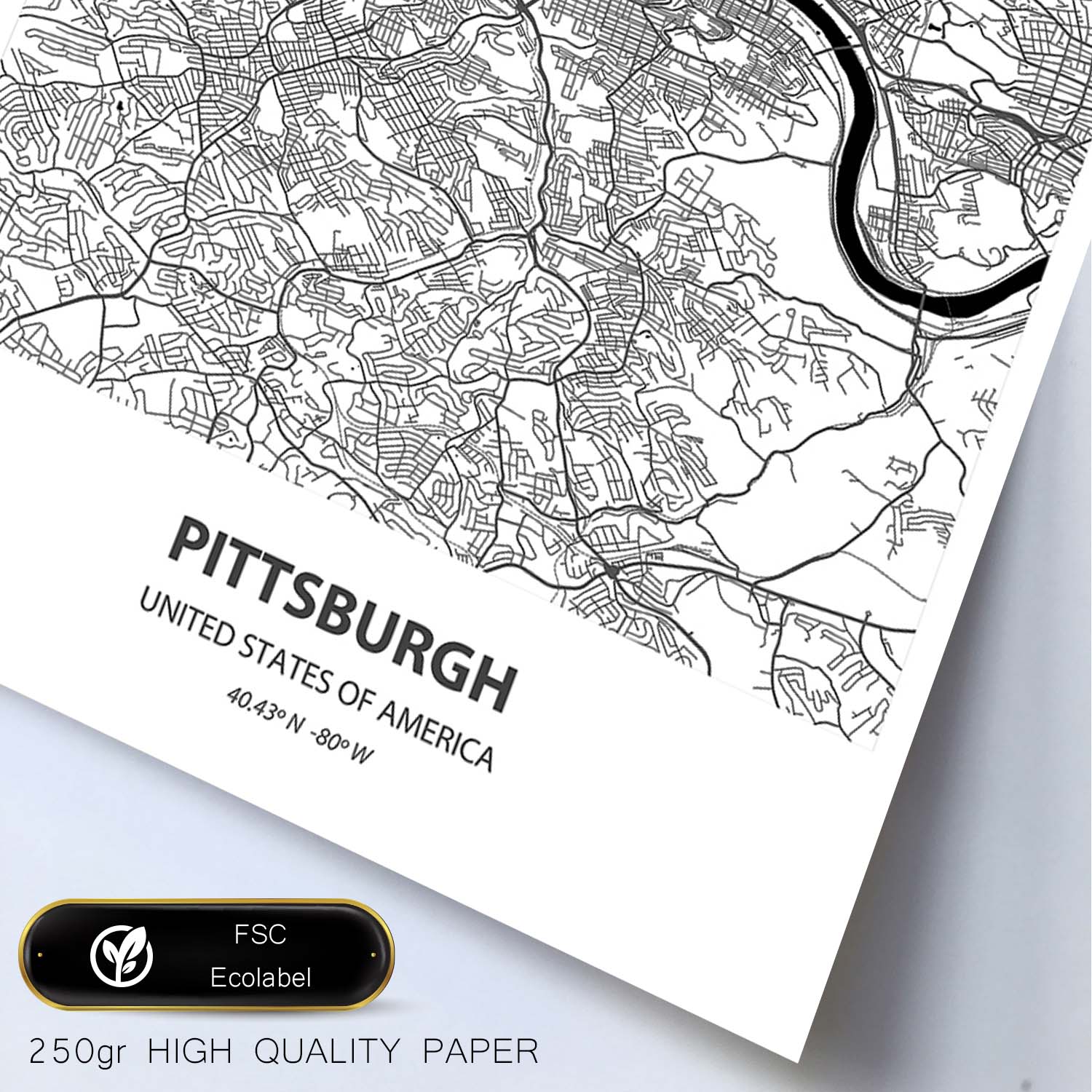 Poster con mapa de Pittsburgh - USA. Láminas de ciudades de Estados Unidos con mares y ríos en color negro.-Artwork-Nacnic-Nacnic Estudio SL