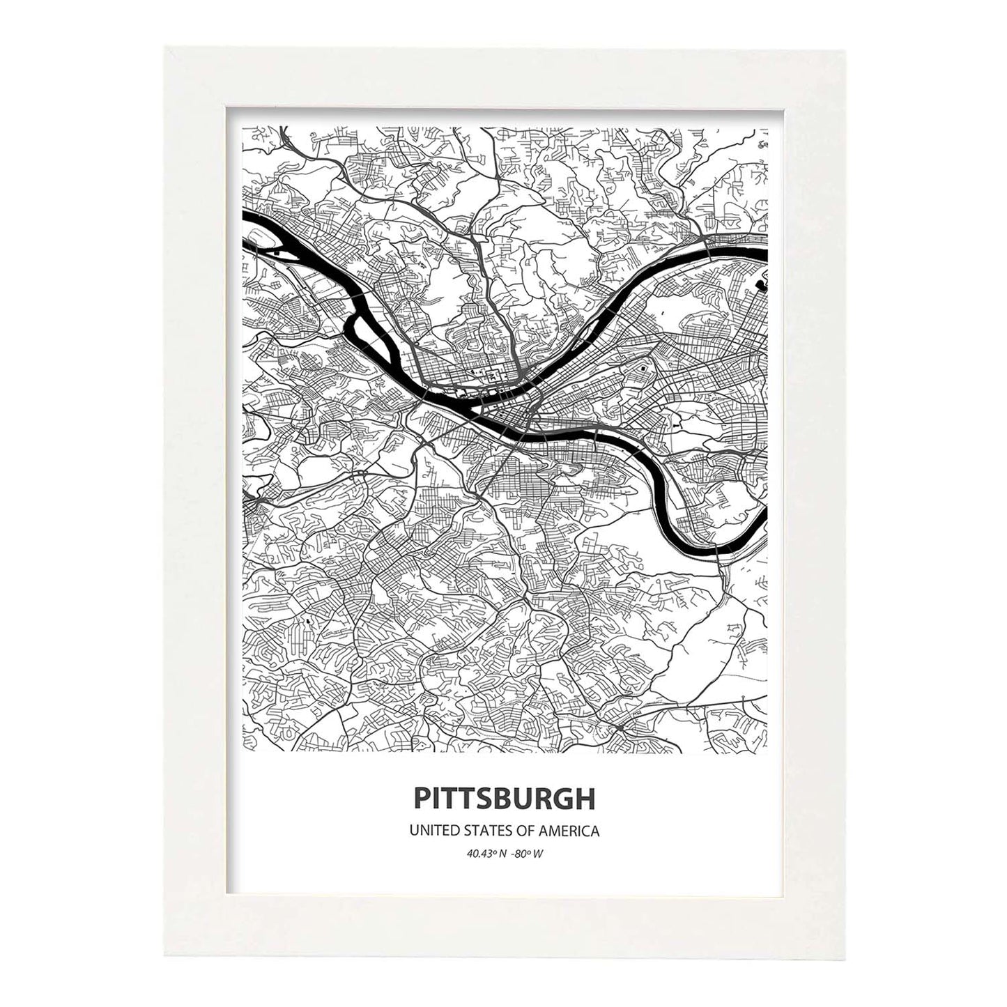 Poster con mapa de Pittsburgh - USA. Láminas de ciudades de Estados Unidos con mares y ríos en color negro.-Artwork-Nacnic-A3-Marco Blanco-Nacnic Estudio SL