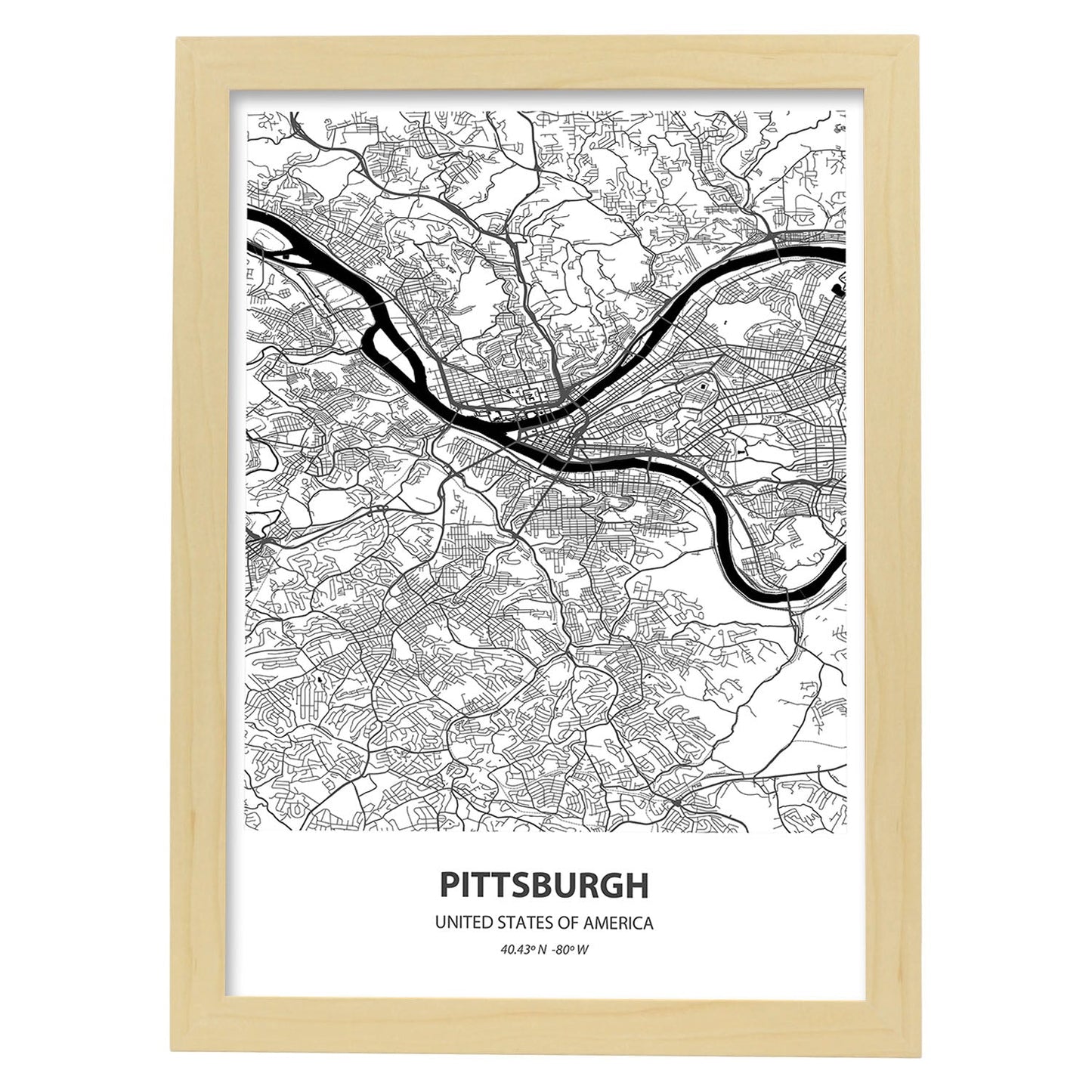 Poster con mapa de Pittsburgh - USA. Láminas de ciudades de Estados Unidos con mares y ríos en color negro.-Artwork-Nacnic-A3-Marco Madera clara-Nacnic Estudio SL
