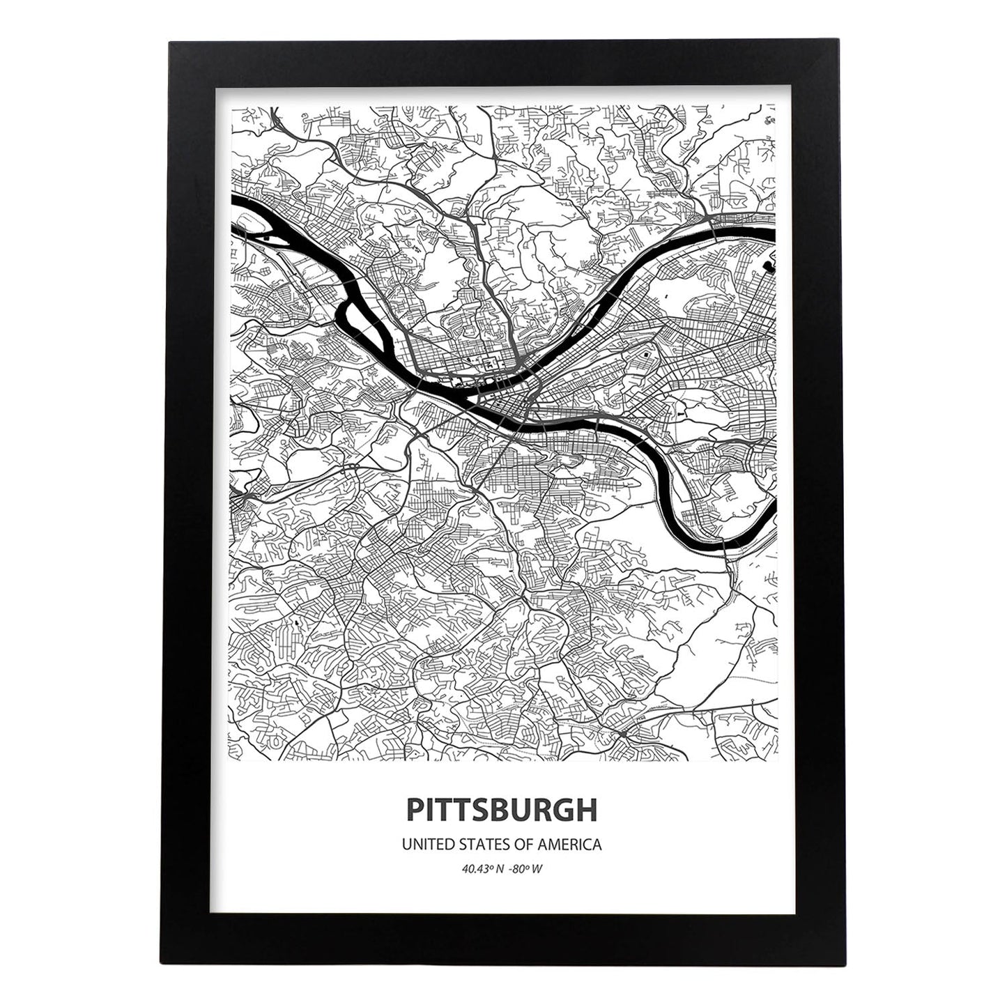 Poster con mapa de Pittsburgh - USA. Láminas de ciudades de Estados Unidos con mares y ríos en color negro.-Artwork-Nacnic-A3-Marco Negro-Nacnic Estudio SL