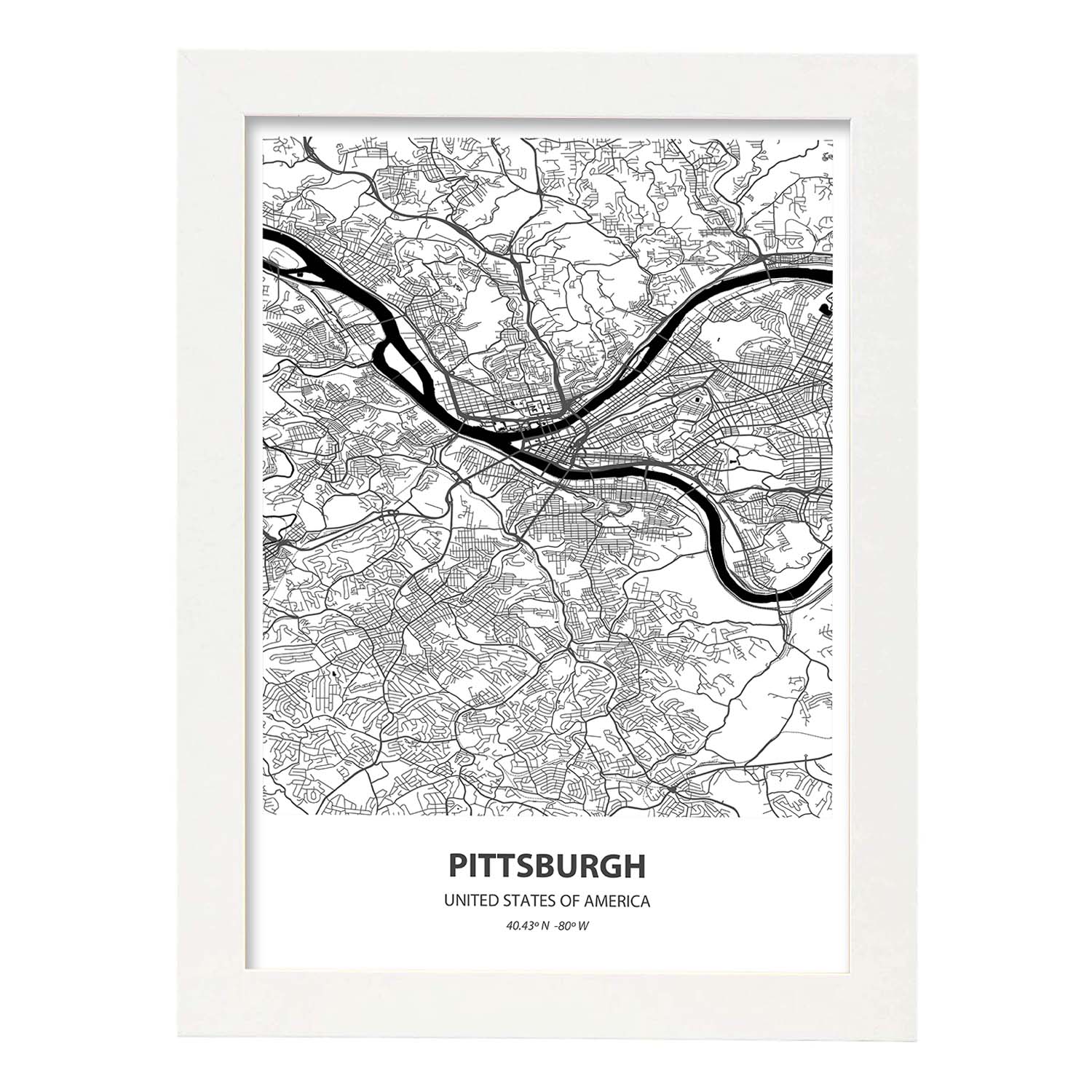 Poster con mapa de Pittsburgh - USA. Láminas de ciudades de Estados Unidos con mares y ríos en color negro.-Artwork-Nacnic-A4-Marco Blanco-Nacnic Estudio SL