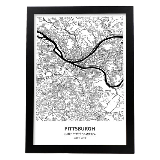 Poster con mapa de Pittsburgh - USA. Láminas de ciudades de Estados Unidos con mares y ríos en color negro.-Artwork-Nacnic-A4-Marco Negro-Nacnic Estudio SL