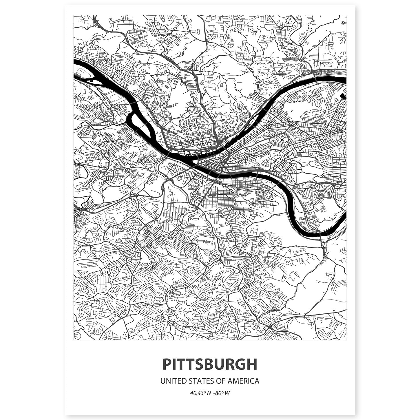 Poster con mapa de Pittsburgh - USA. Láminas de ciudades de Estados Unidos con mares y ríos en color negro.-Artwork-Nacnic-A4-Sin marco-Nacnic Estudio SL