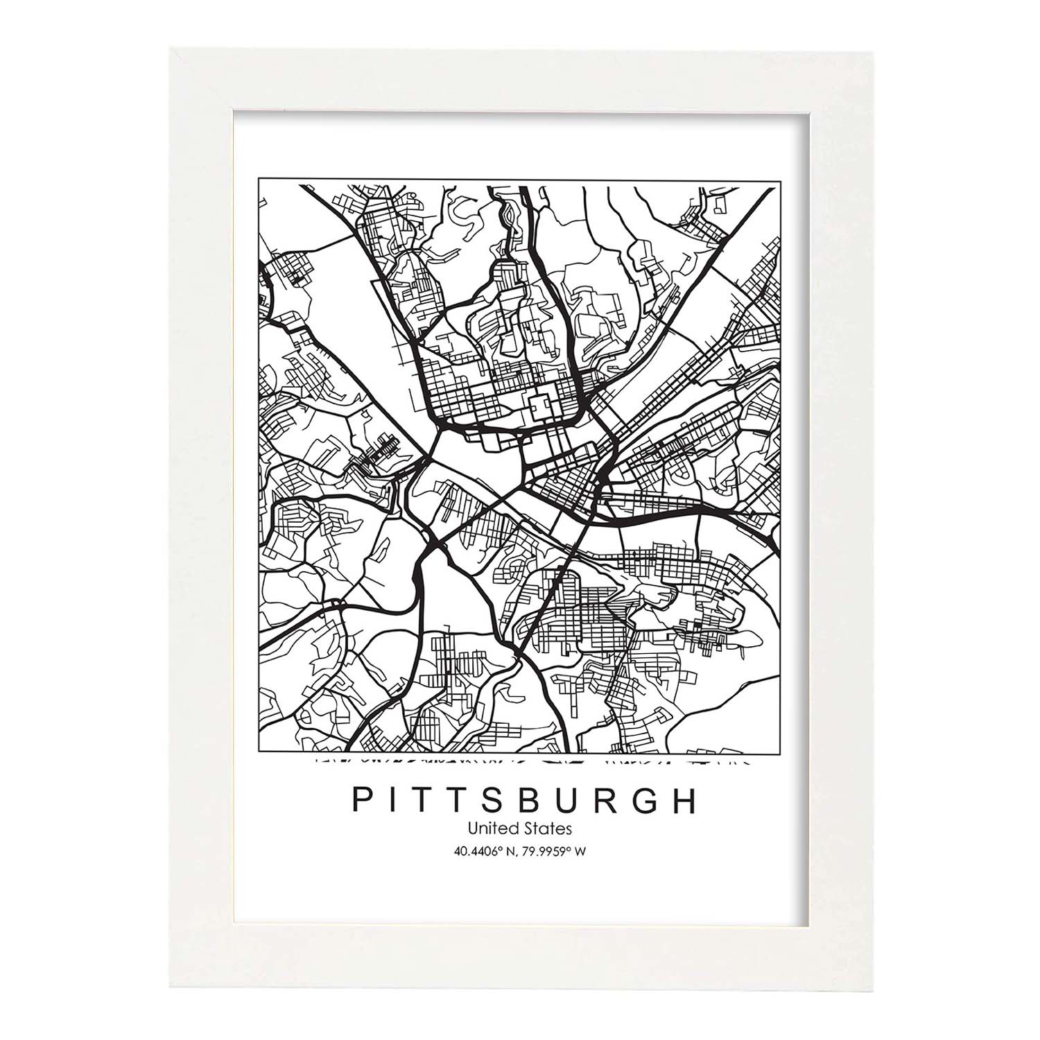 Poster con mapa de Pittsburgh. Lámina de Estados Unidos, con imágenes de mapas y carreteras-Artwork-Nacnic-A3-Marco Blanco-Nacnic Estudio SL