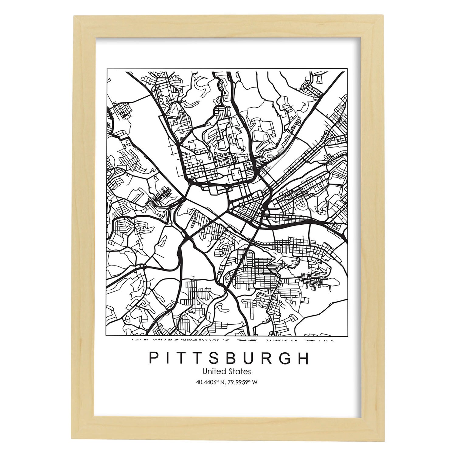 Poster con mapa de Pittsburgh. Lámina de Estados Unidos, con imágenes de mapas y carreteras-Artwork-Nacnic-A3-Marco Madera clara-Nacnic Estudio SL