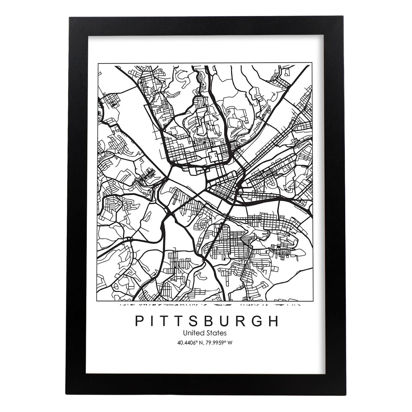 Poster con mapa de Pittsburgh. Lámina de Estados Unidos, con imágenes de mapas y carreteras-Artwork-Nacnic-A3-Marco Negro-Nacnic Estudio SL
