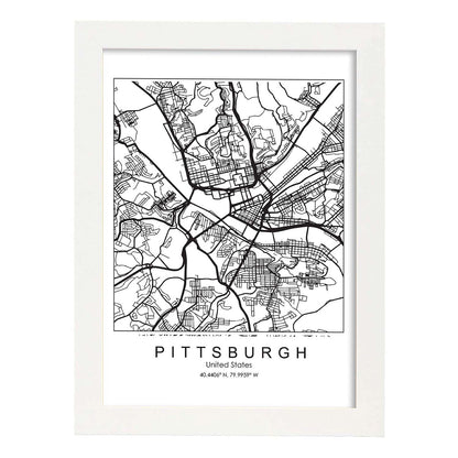 Poster con mapa de Pittsburgh. Lámina de Estados Unidos, con imágenes de mapas y carreteras-Artwork-Nacnic-A4-Marco Blanco-Nacnic Estudio SL