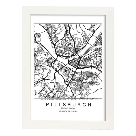 Poster con mapa de Pittsburgh. Lámina de Estados Unidos, con imágenes de mapas y carreteras-Artwork-Nacnic-A4-Marco Blanco-Nacnic Estudio SL