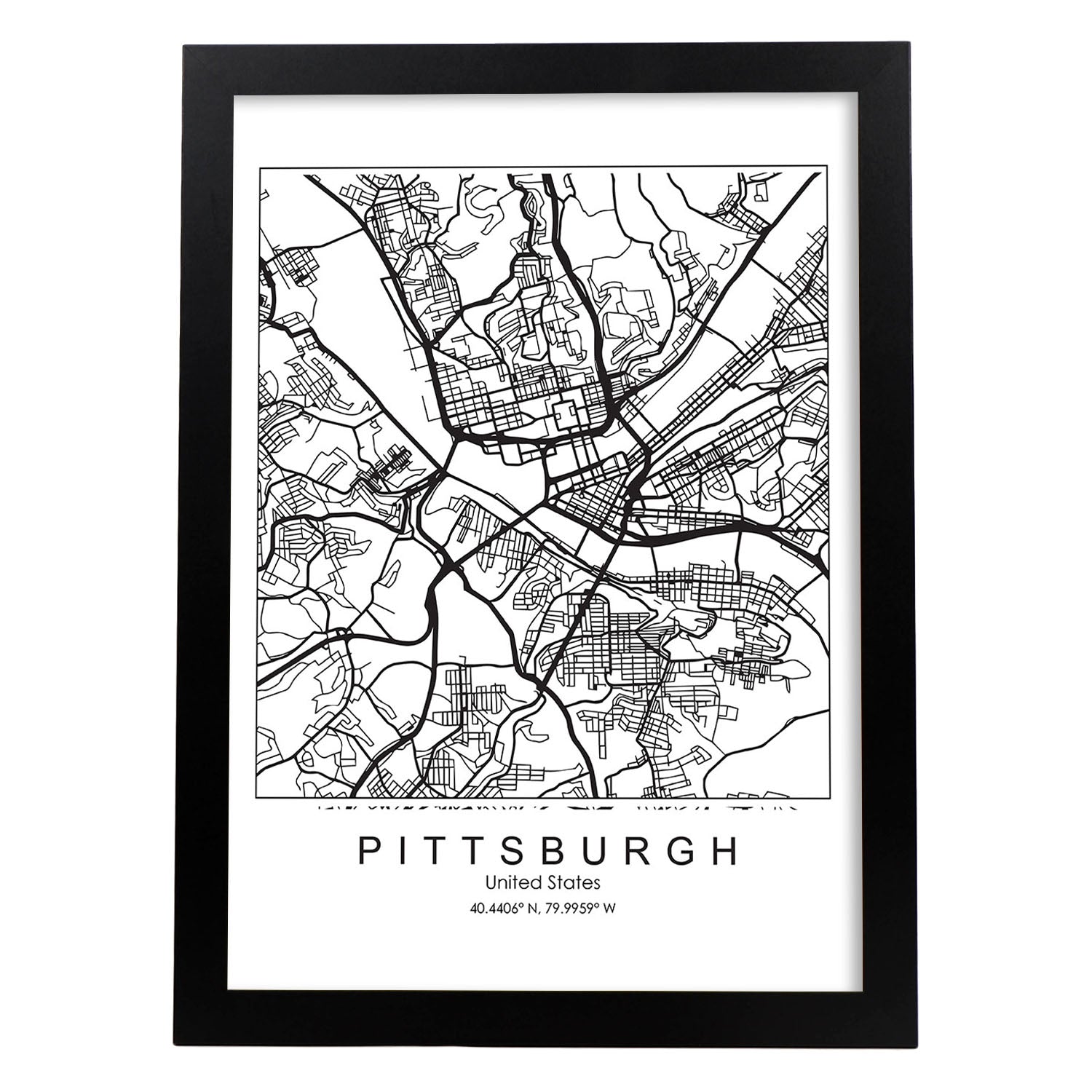 Poster con mapa de Pittsburgh. Lámina de Estados Unidos, con imágenes de mapas y carreteras-Artwork-Nacnic-A4-Marco Negro-Nacnic Estudio SL